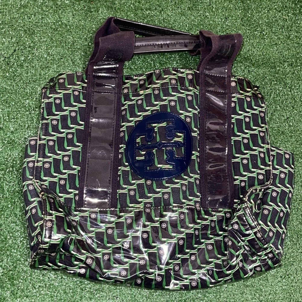 Tory Burch Boot Print Navy Canvas  patent  Tote Bag🔥